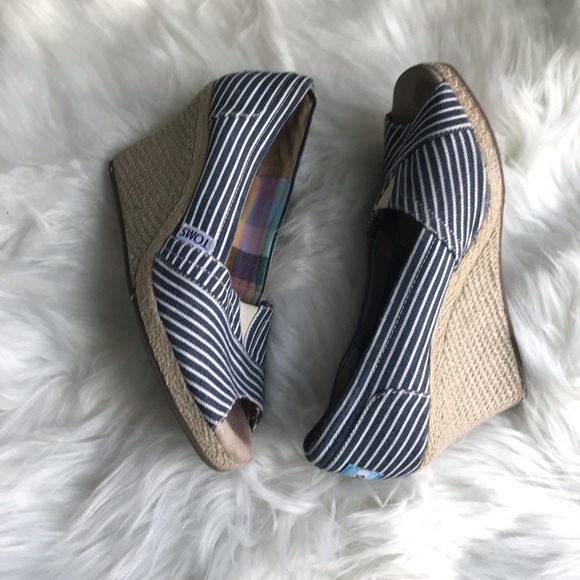Toms Shoes - TOMS Blue & White Stripes Peep Toe Wedges